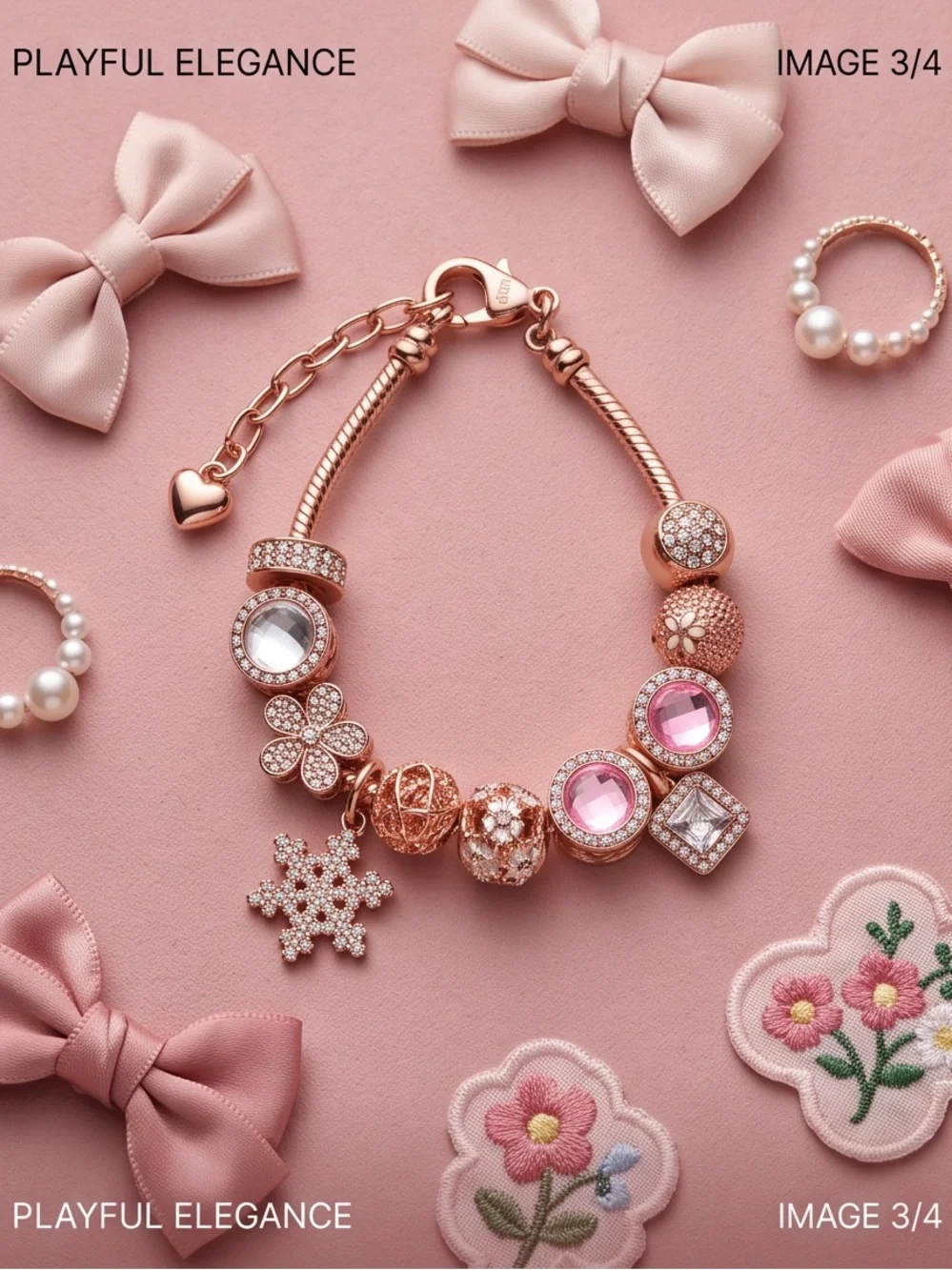 Kids & Tweens Rose Gold Snowflake Charm Bracelet – Adjustable (6 to 8 Inches)